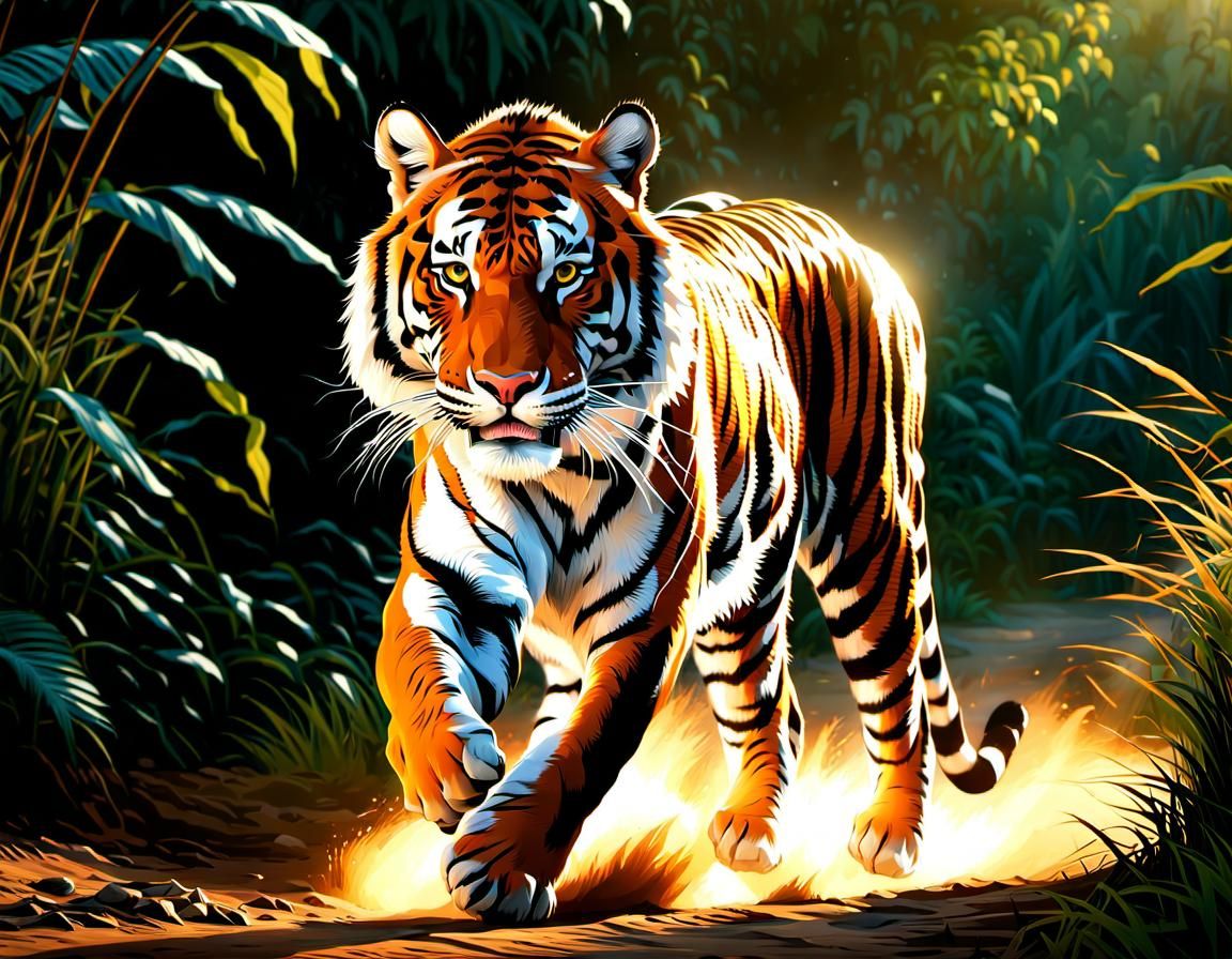 Detailed Bengal Tiger Chase at Magic Hour
