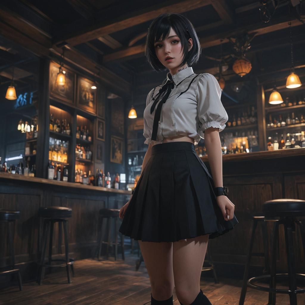 Gothic Anime Girl in Dimly Lit Bar