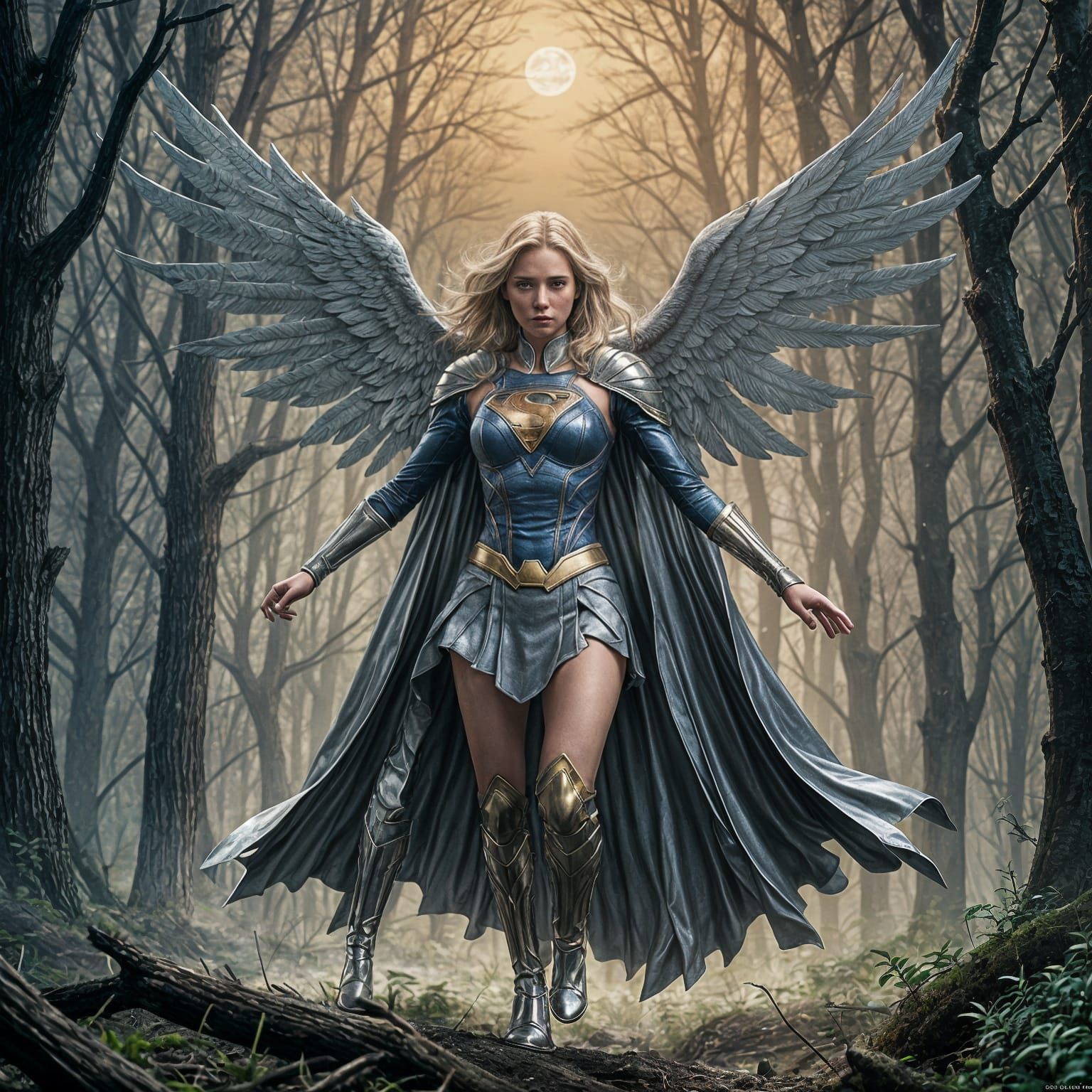 Supergirl vs Headless Horseman in Forest, Anime Style