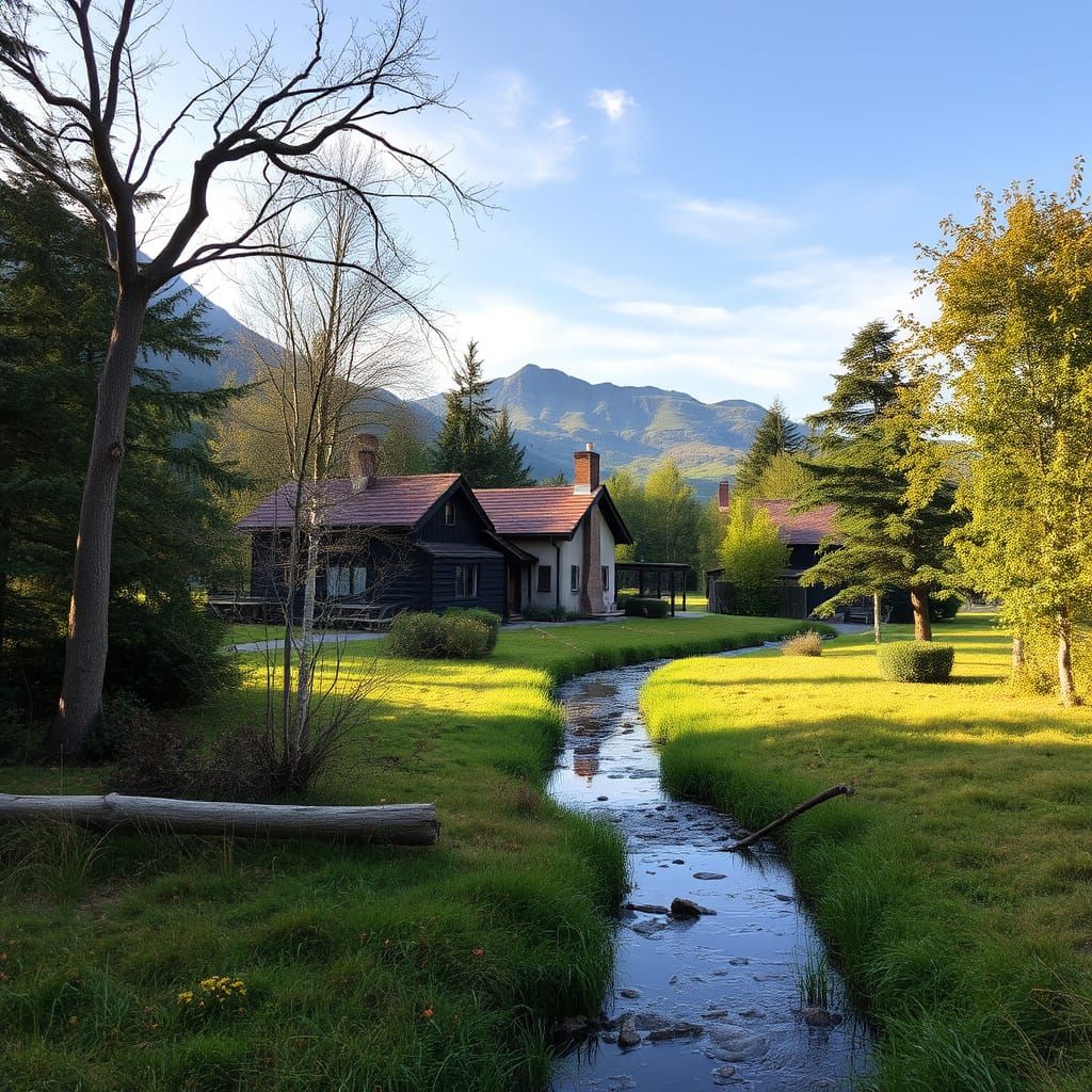 Cozy Cottage Landscape Tranquil Scene