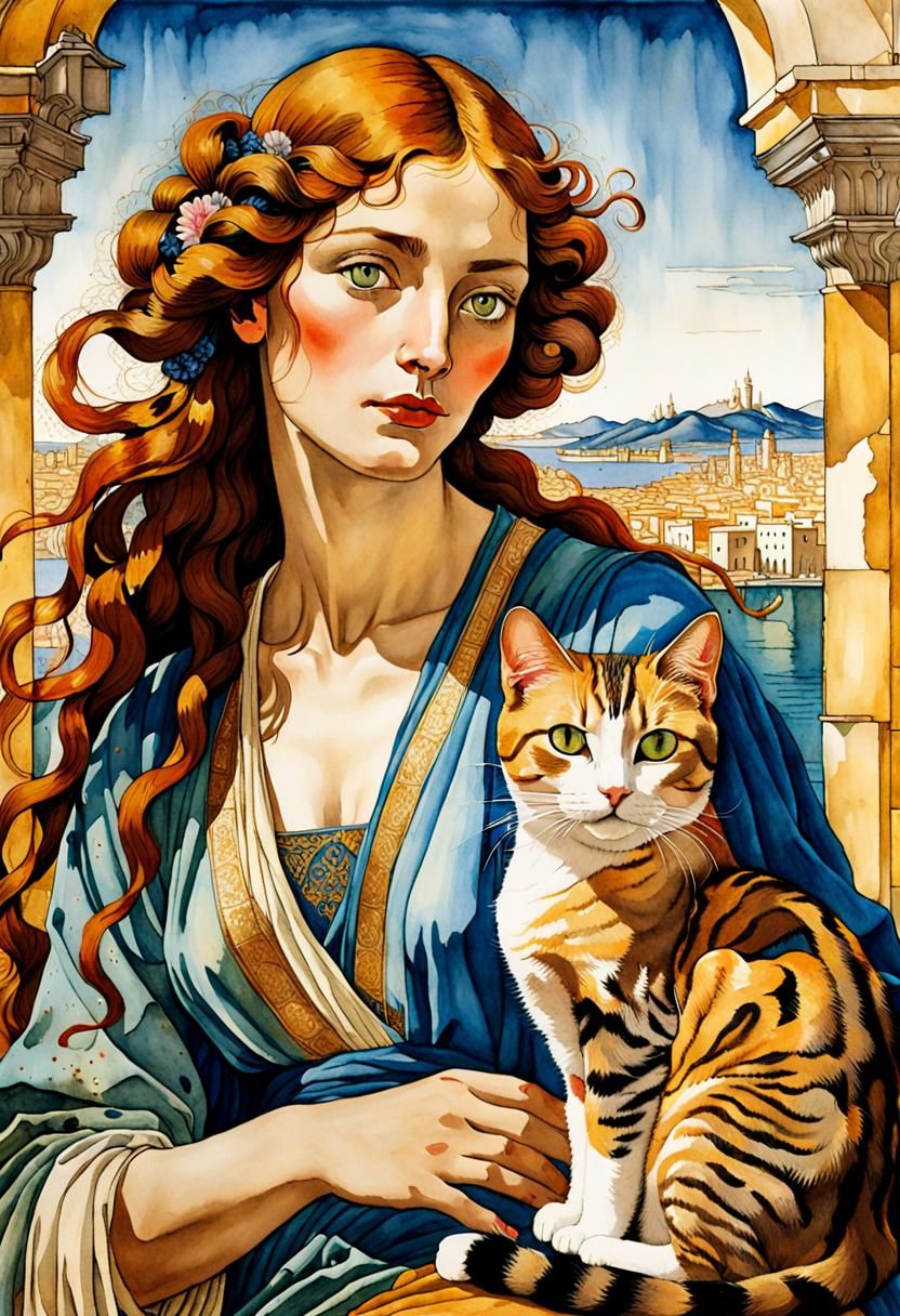 Watercolor painting of a beautiful woman with a ca.