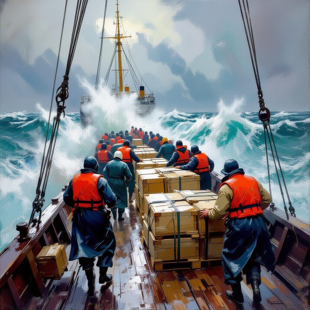 Stormy Seas: Loading Cargo in a Vivid Marine Painting