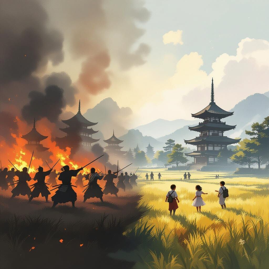 Contrasting Battlefield: Samurai Clash and Peaceful Nostalgi...