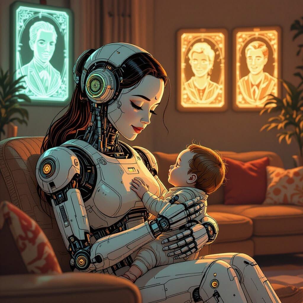 Automaton Mother and Child in Retro-Futuristic Home