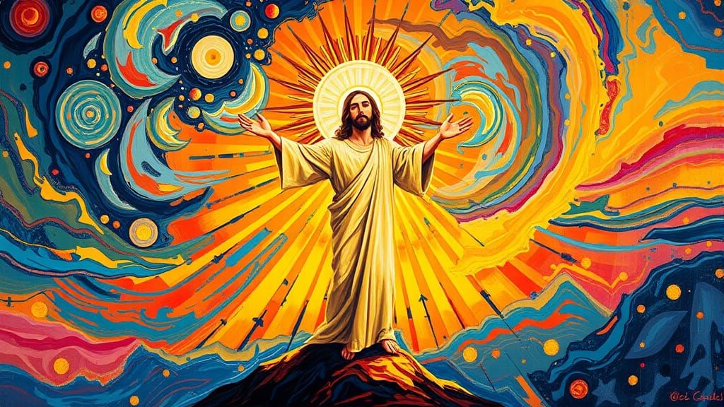 Jesus as the Radiant Sun in Neo-Expressionist Oil Painting