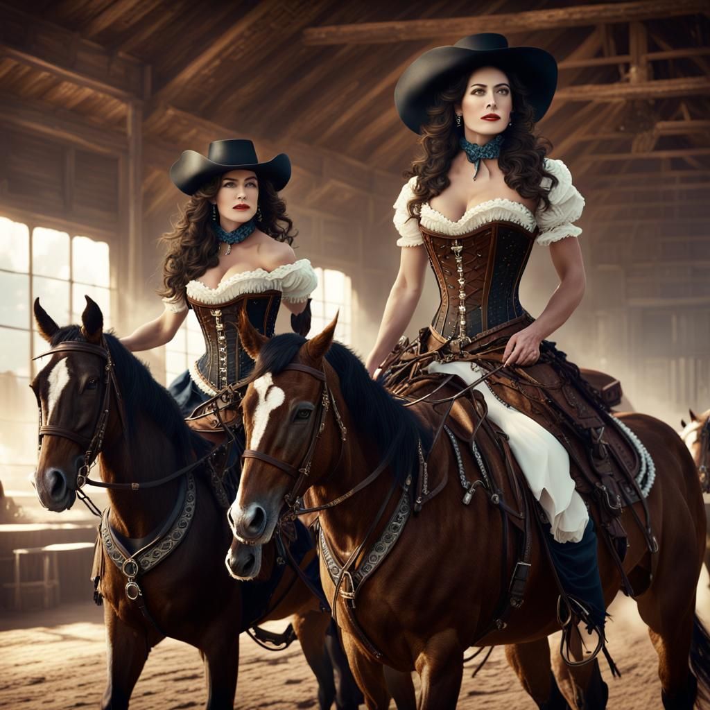 Two 1800s Cowgirls Riding Horses, Detailed Matte Painting