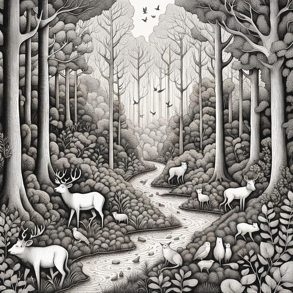 Intricate Forest Animals in Black and White Illustration