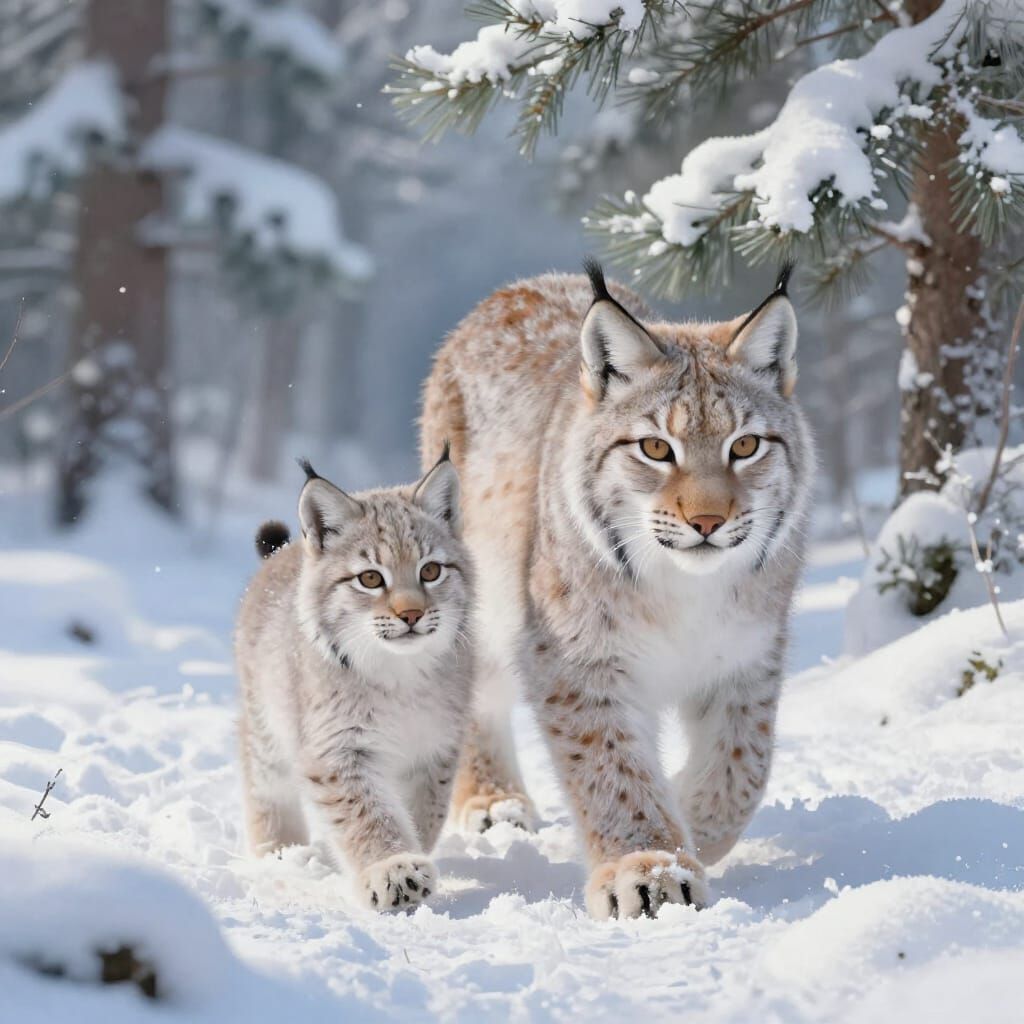 Lynx Cub and Mother in Snowy Forest