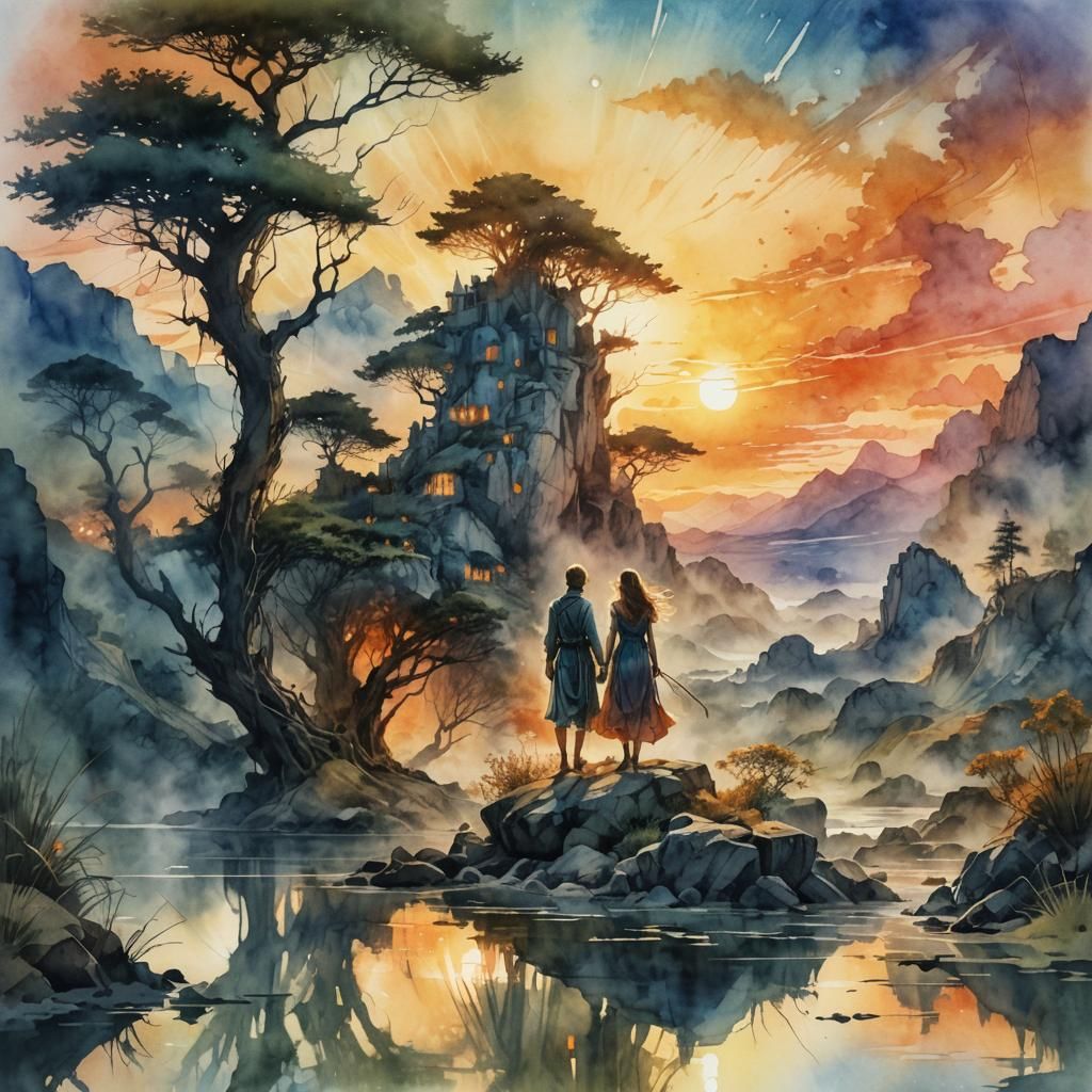 Magical Summer Sunset in Watercolor Art Style
