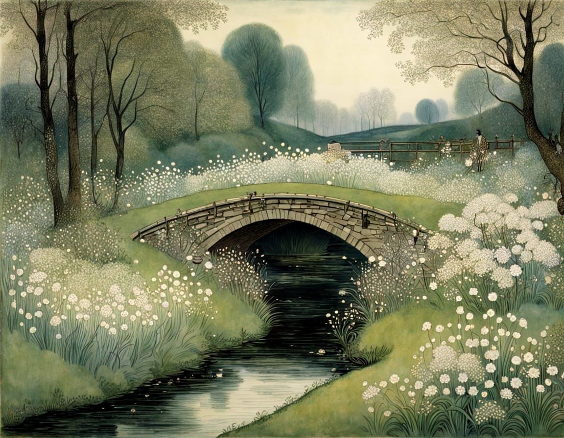 Whimsical Spring Landscape with White Flowers and Wooden Bri...