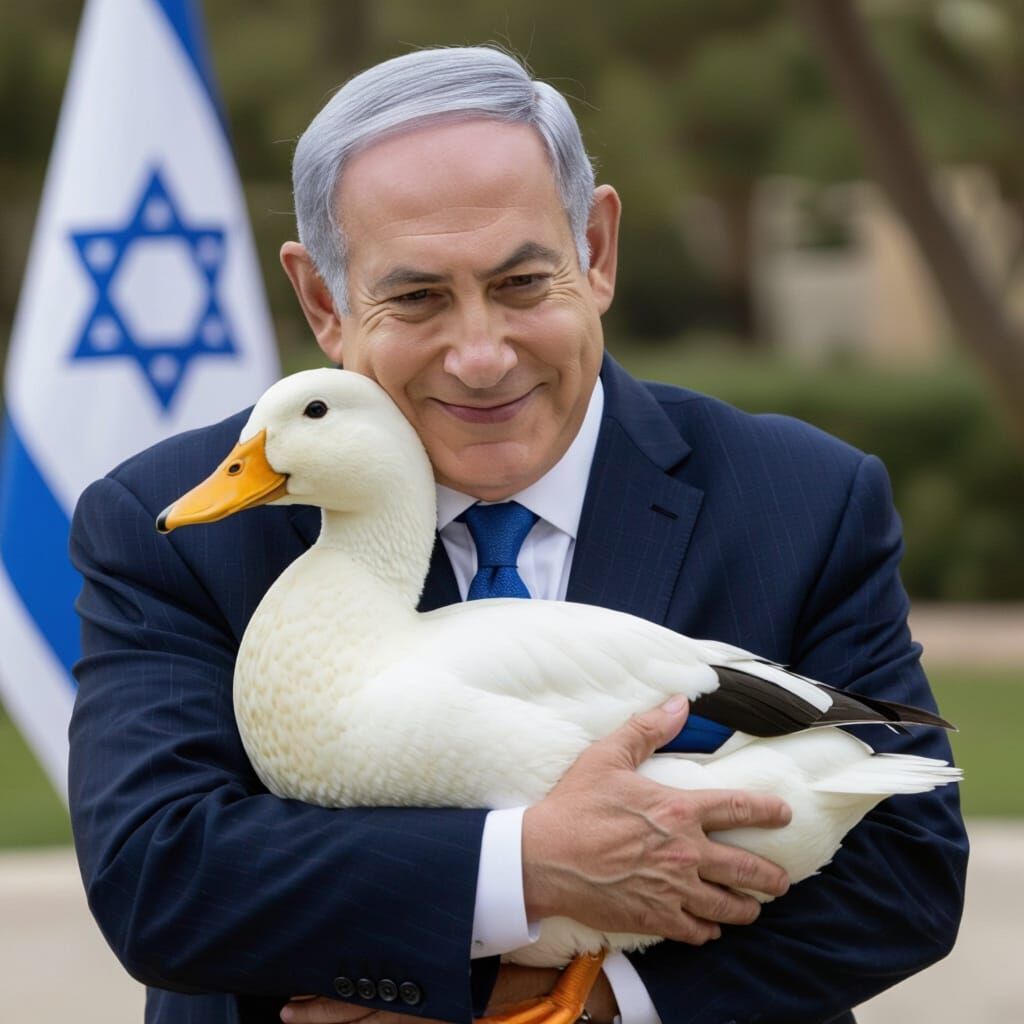Bibi Netanyahu Hugs a Duck in Realistic Photo