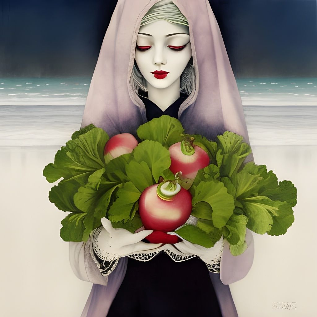 Girl with Radishes on Beach, Surrealist Art