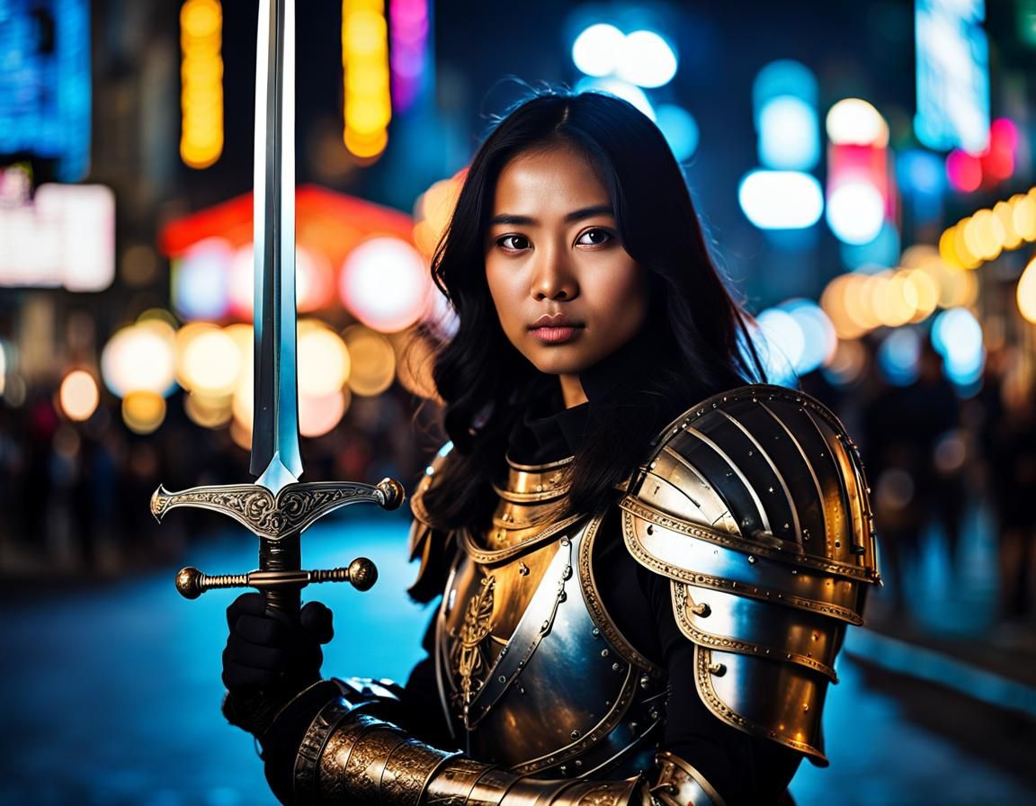 Indonesian Knight in Futuristic Cityscape