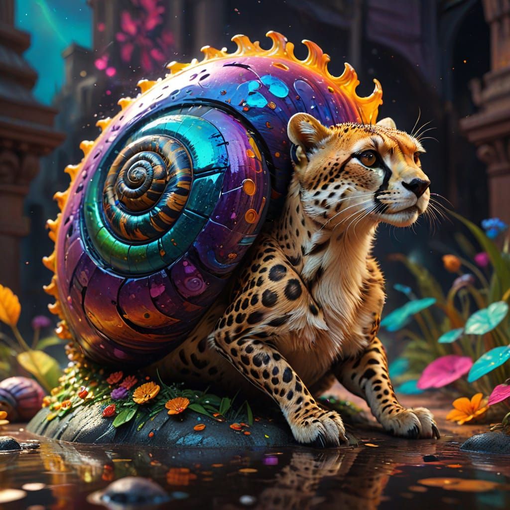 Cheetah-Snail Hybrid in Vibrant, Fantasy Landscape