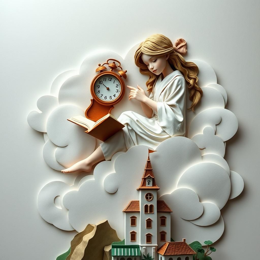 Fantasy Girl Reading on Cloud with Origami Clock Tower