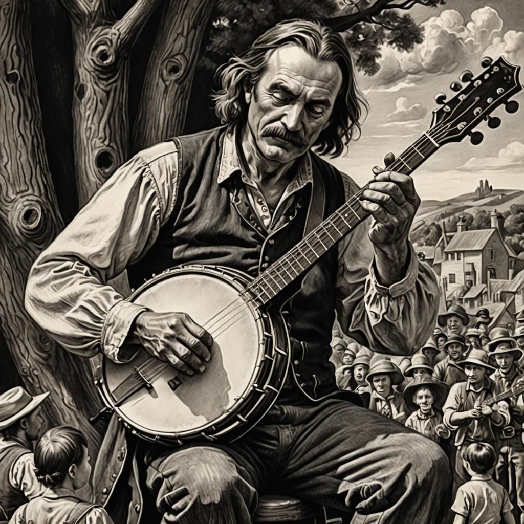 Gulliver Plays Banjo: Detailed Charcoal Drawing