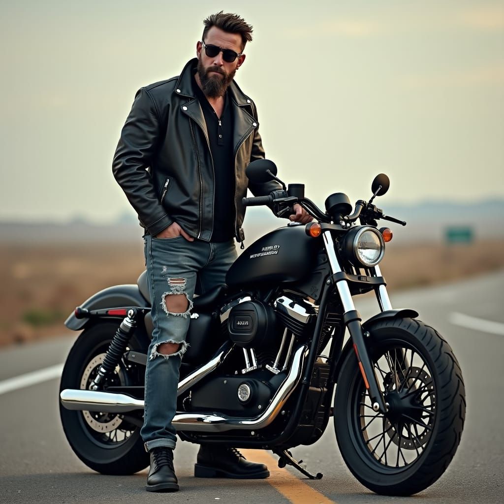 Man and Harley-Davidson Bike in Gritty Realism Style