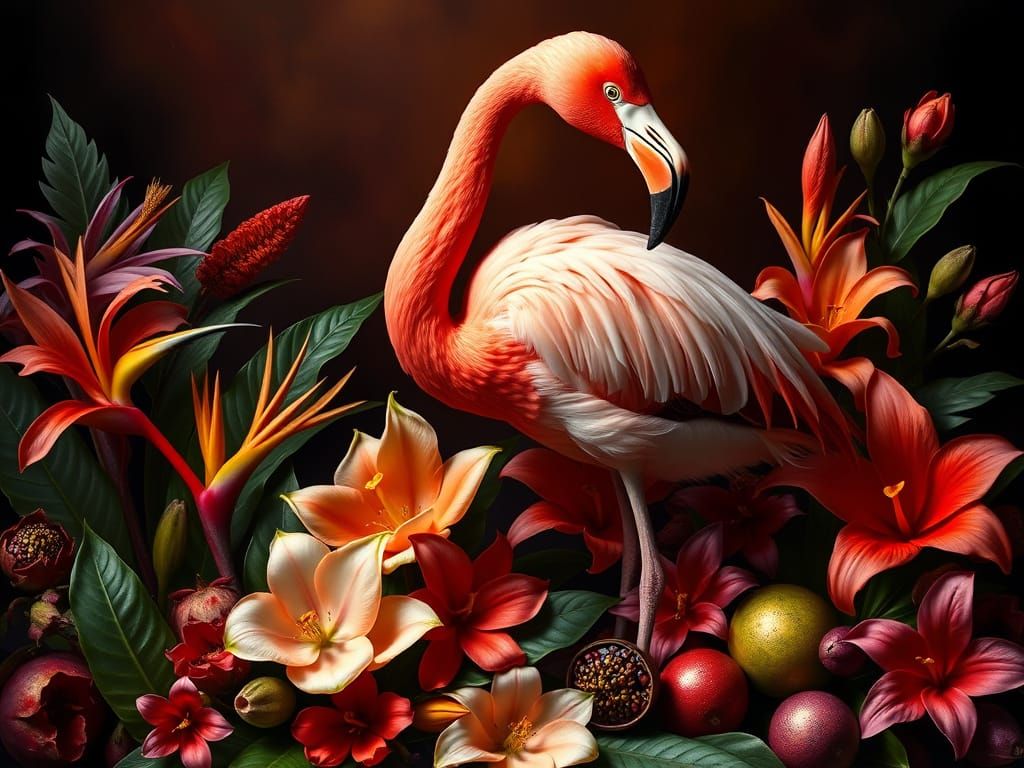 Vibrant Pink Flamingo Amidst Exotic Flowers and Fruits in Hy...