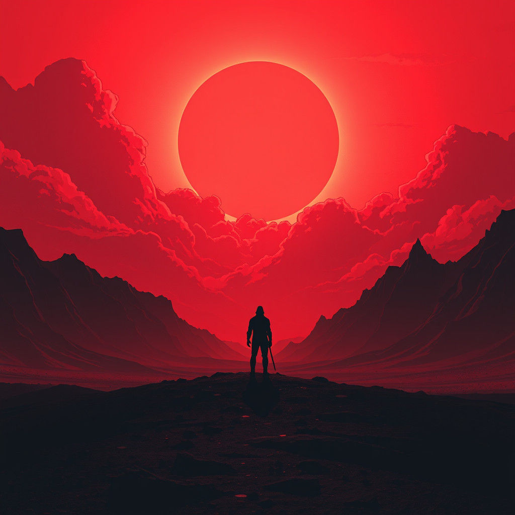 Lone Figure on Barren Planet with Red Sun