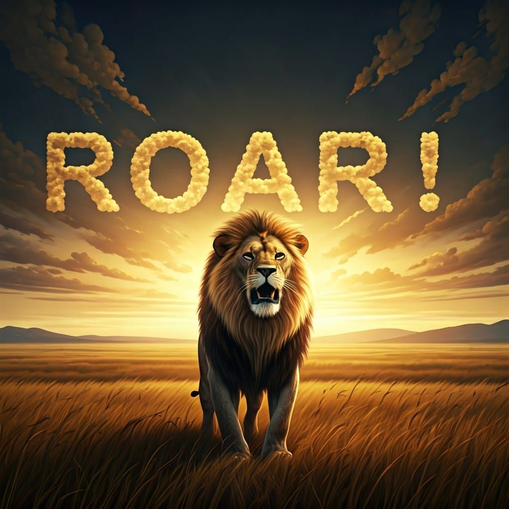 A lion roaring in the middle of a vast savannah, with the wo...