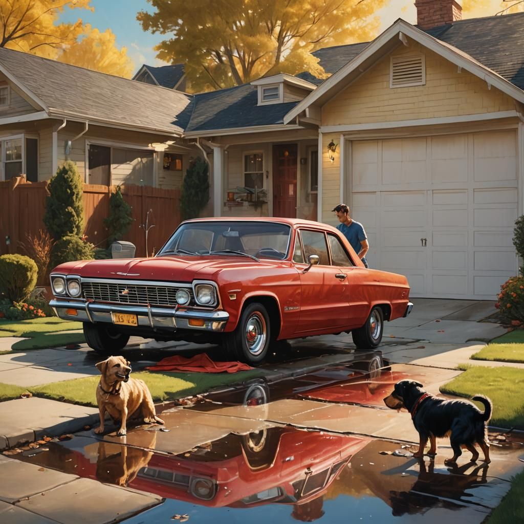 Man Washing a Red Chevy, Fantasy Realism Style