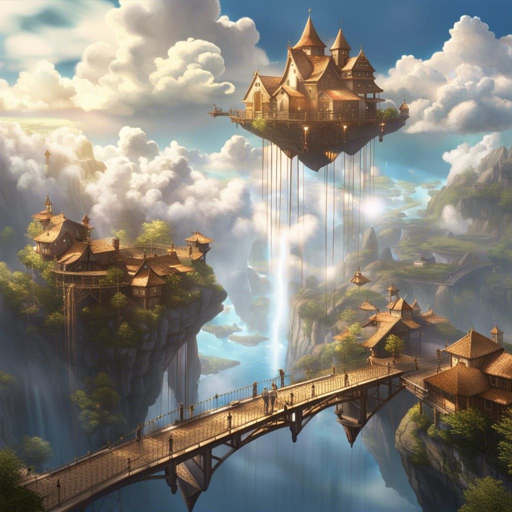 Fantasy Village Floating in Clouds, Hyperrealistic CGI