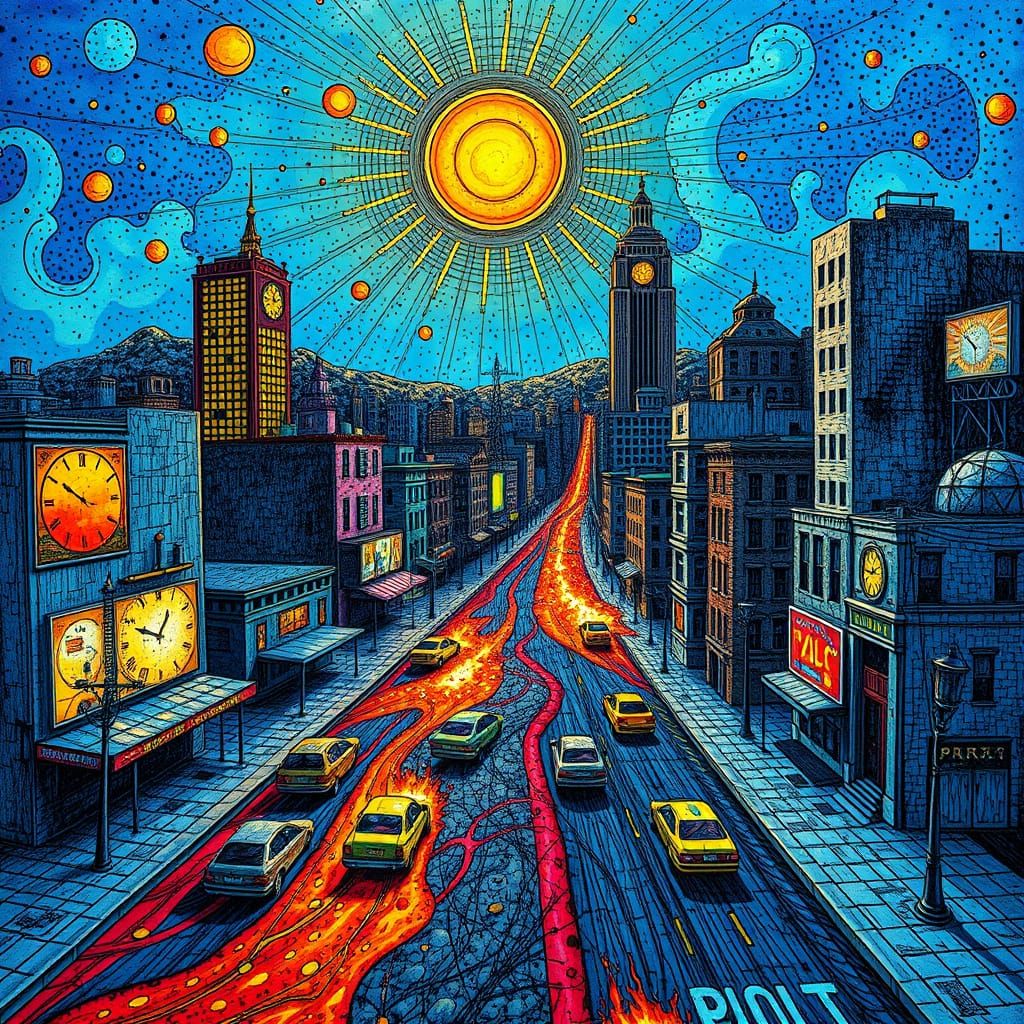 Melting Cityscape in Psychedelic Pop Art Style