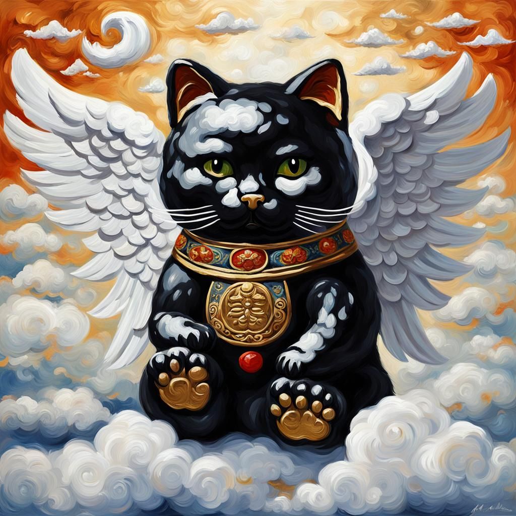 Winged Black Maneki Neko in Impasto Sky