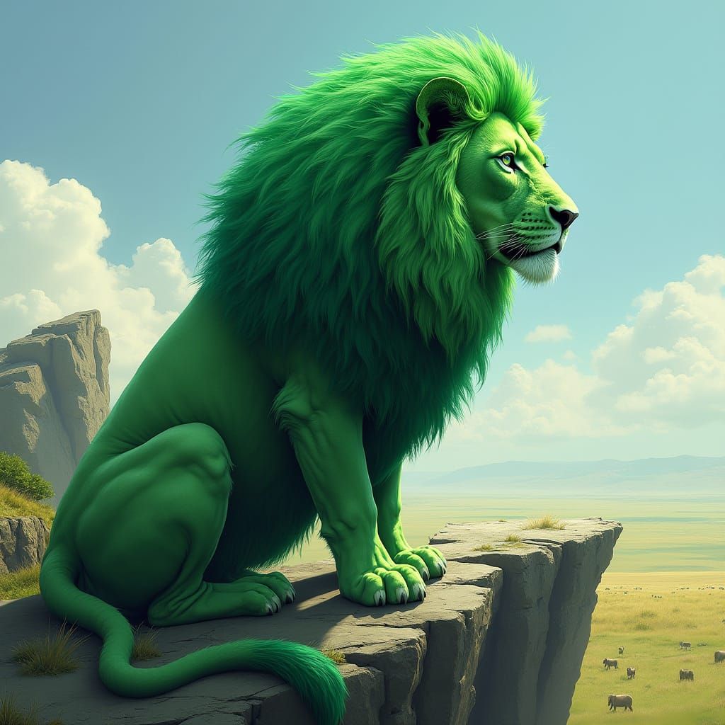 Emerald Lion Overlooking Savannah, Hyperrealistic Rendering