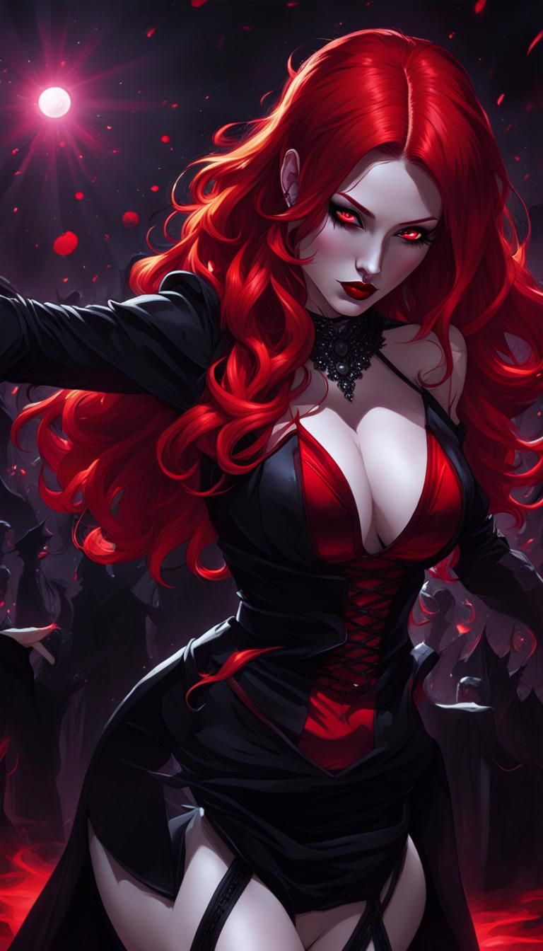 Redhead Vampire Dancing at Neon Party in Gothic Art