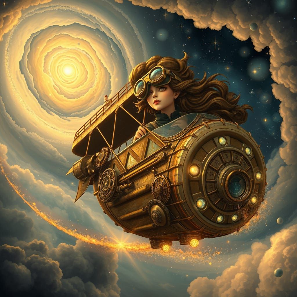 Steampunk Airship Soars Through a Whirling Nebula in a Hyper...