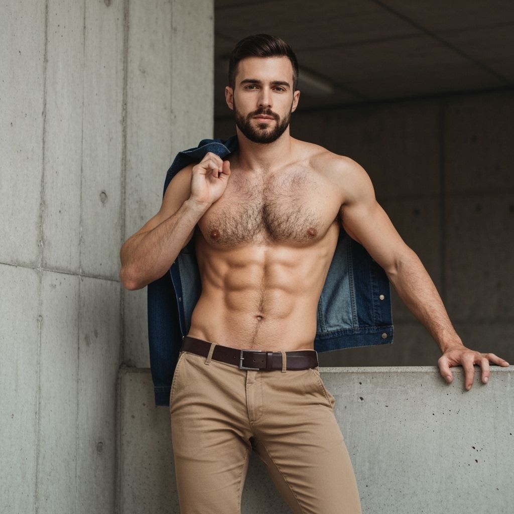 Muscular Man Poses Confidently in Trousers and Jacket