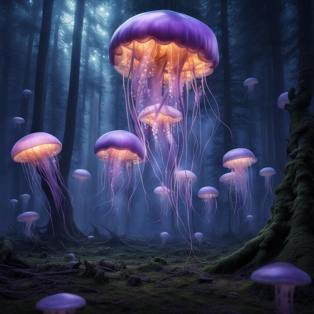 Glowing Jellyfish Forest at Night: Digital Matte Painting