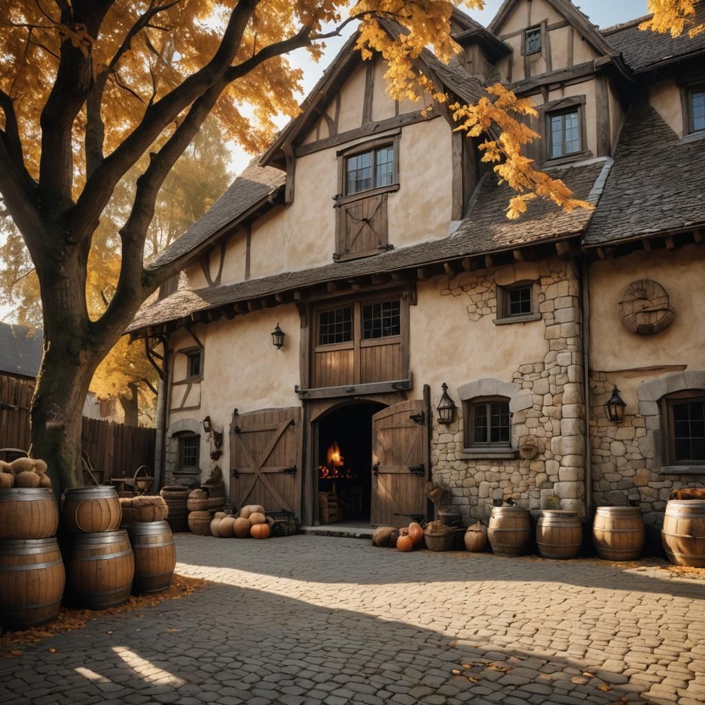 Rustic Autumn Warehouse in Fantasy Landscape