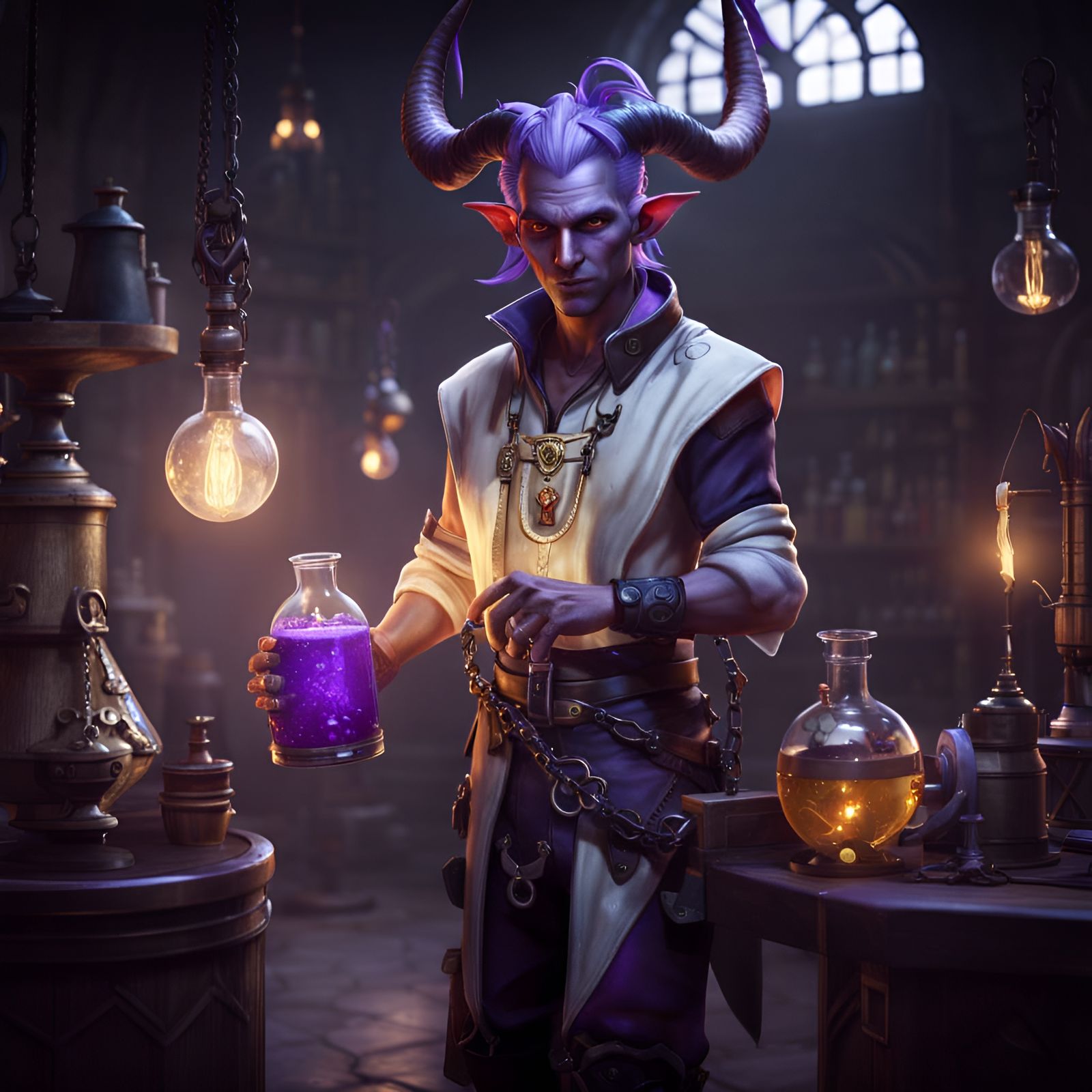 Tiefling Alchemist Brewing Potion in Fantasy Laboratory