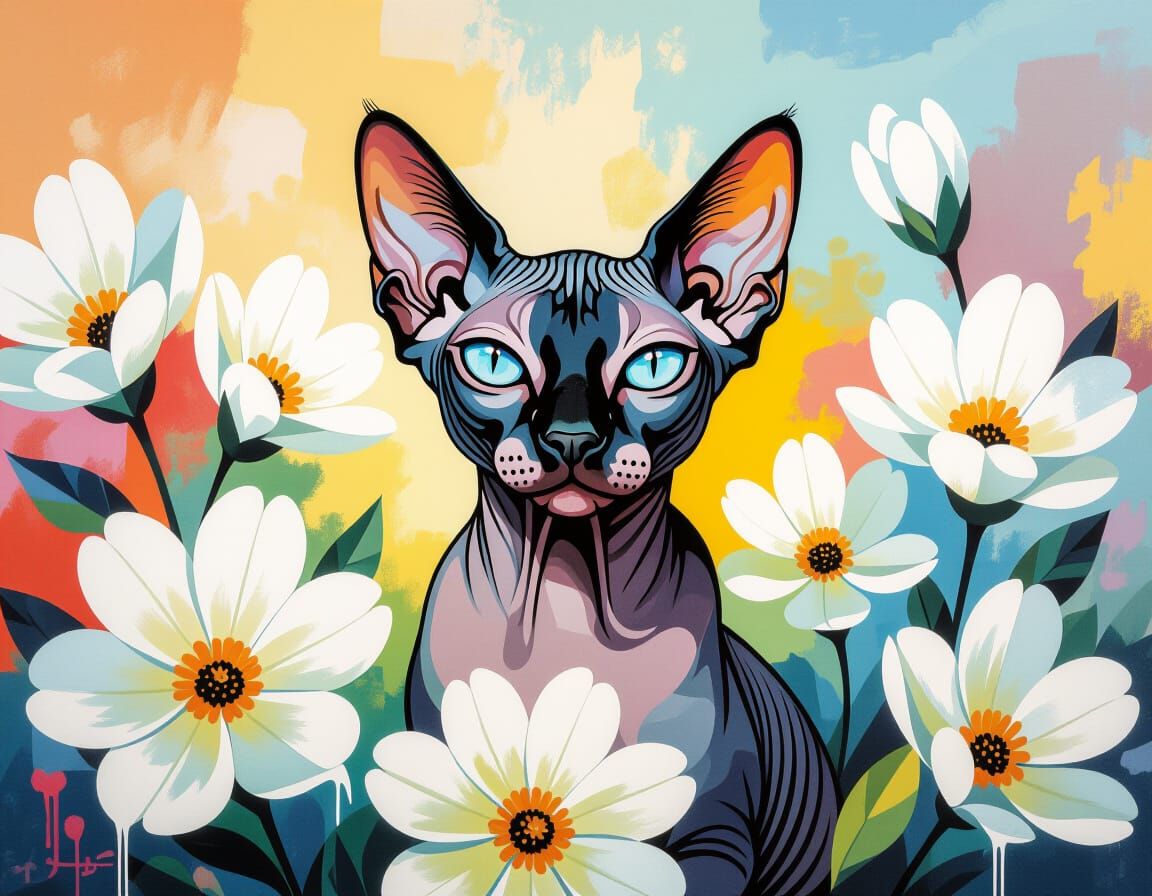 Sphynx Cat in Flowers, Graffiti Art Style