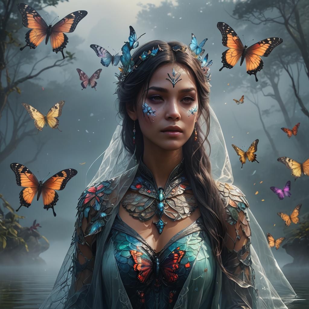Butterfly Woman in Mystical Fog Lake Concept Art