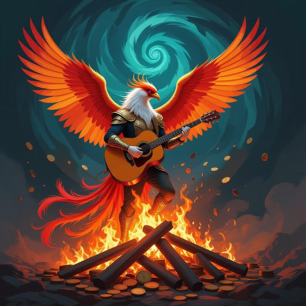 Phoenix Rock God Plays Guitar Amidst Fiery Money