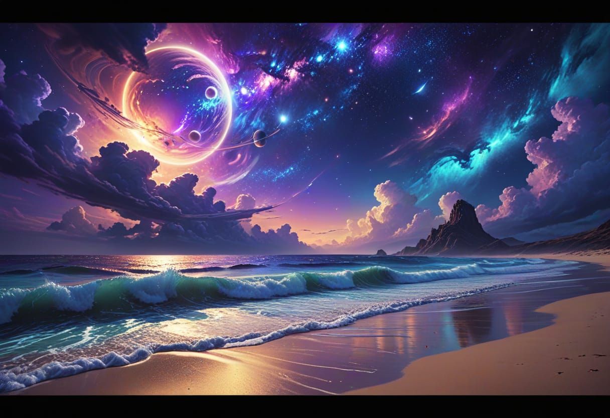 Surreal Cosmic Landscape with Nebula and Planets