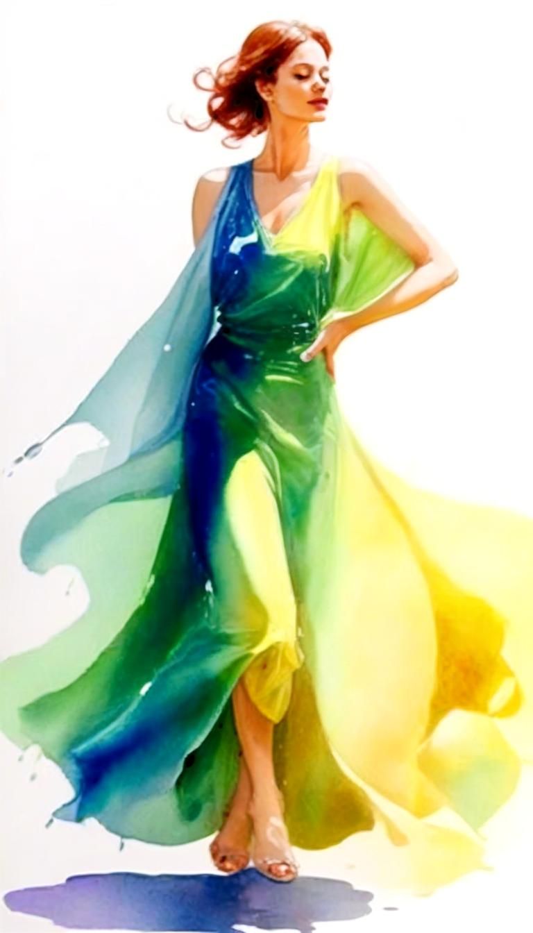 Woman Dancing in Iridescent Dress: Watercolor Style