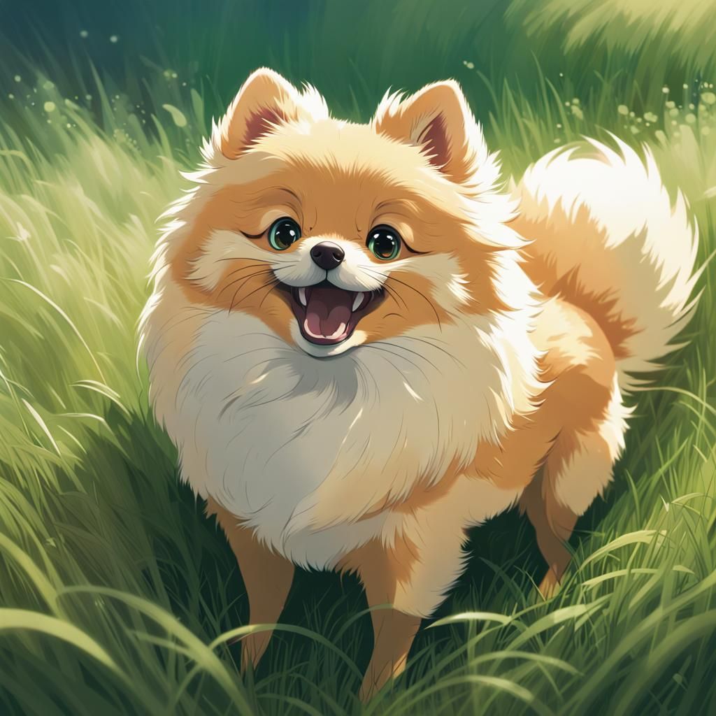 Pomeranian Puppy in Anime Key Visual Style