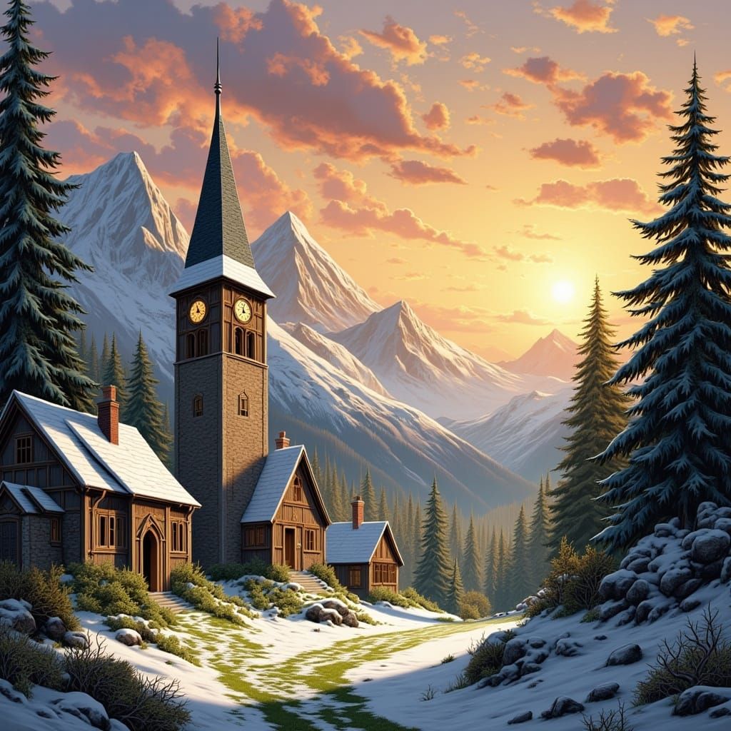 Snowy Village with Clock Tower at Sunset