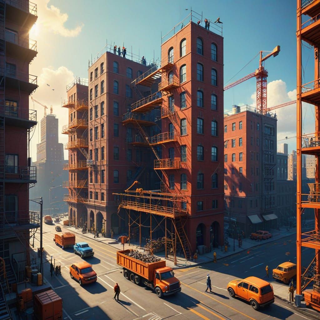Vibrant Cityscape Construction by Stick Figure Crew