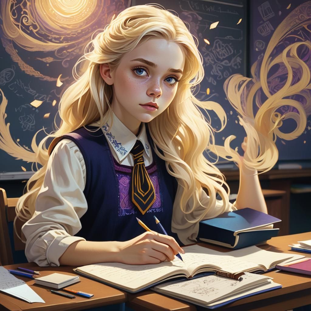 Bored Blonde Girl in School: Fantastical Illustration