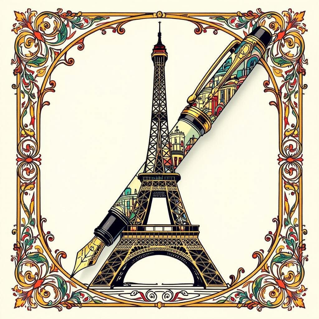 Eiffel Tower Pen Illustration in Art Nouveau Style