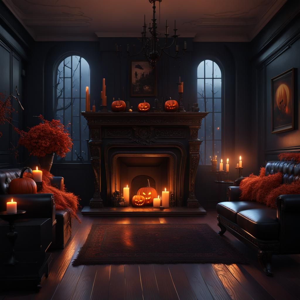 Cozy Halloween Living Room with Fireplace