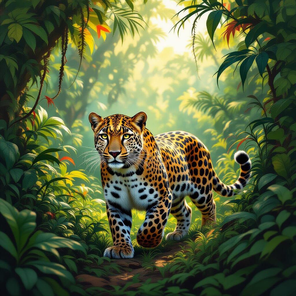 Leopard in Jungle Landscape, Inspired by Painterly Art