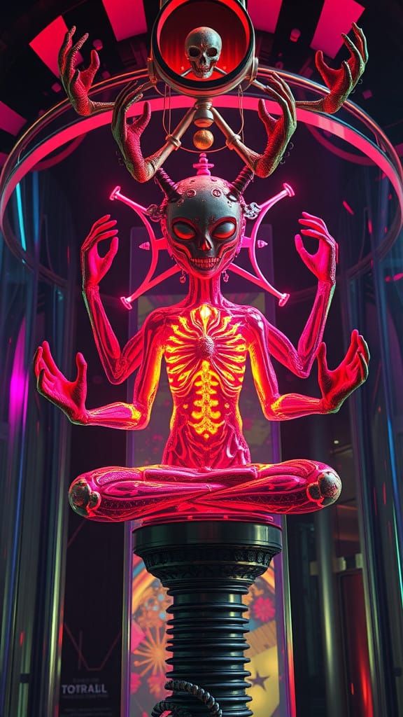 Ethereal Alien Meditator in a Neon Mechanical World