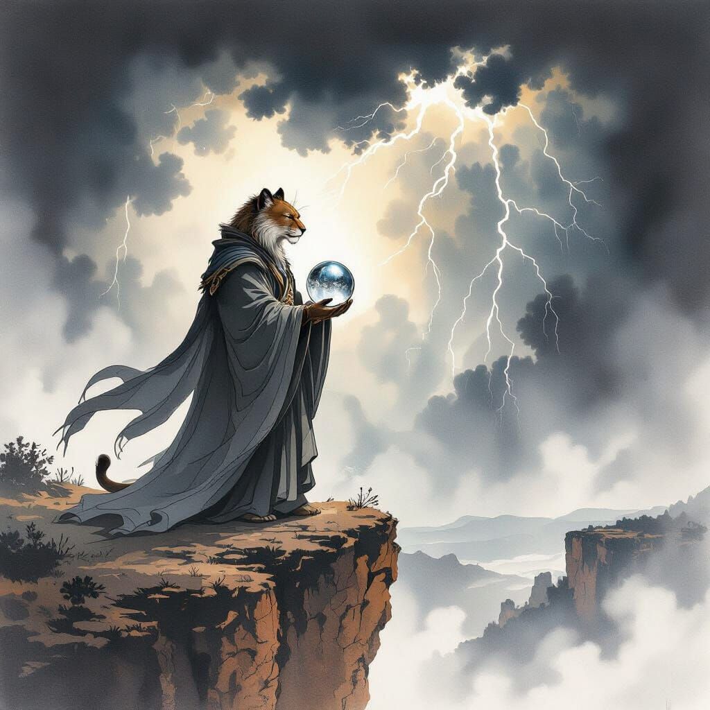 Mountain Lion in Stormy New Mexico, Sumi-E Style