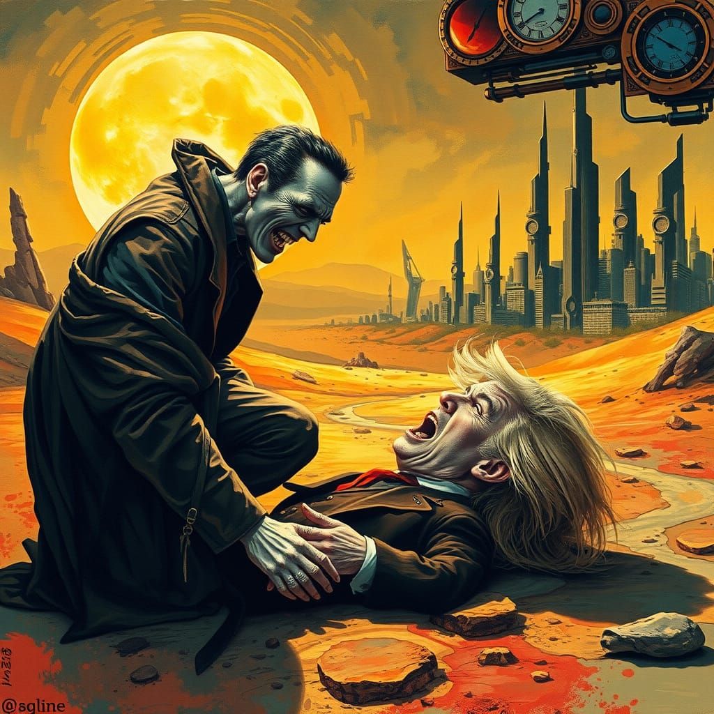 Vampire Elon Draining Trump, Impasto Heavy Metal Art
